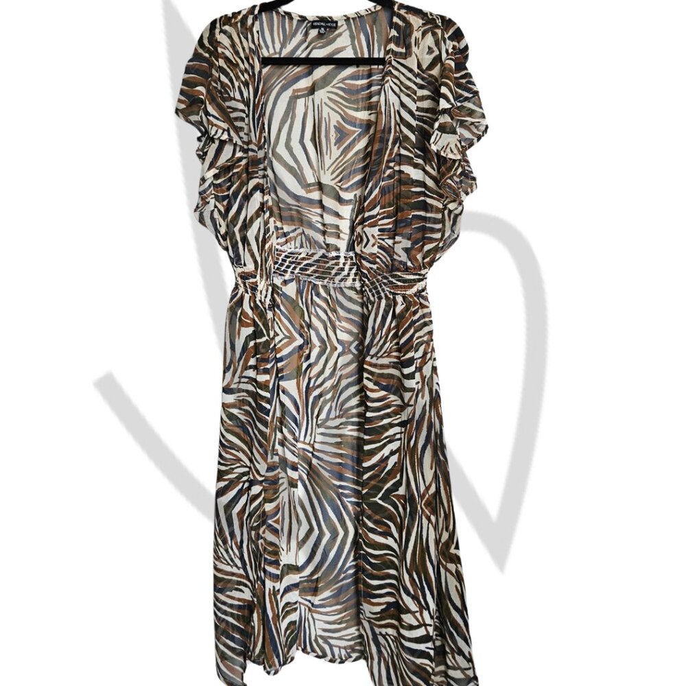 Animal Print Flutter Sleeve Cover up Dress- Zebra/Tiger Mix, Smocked Waist-XL